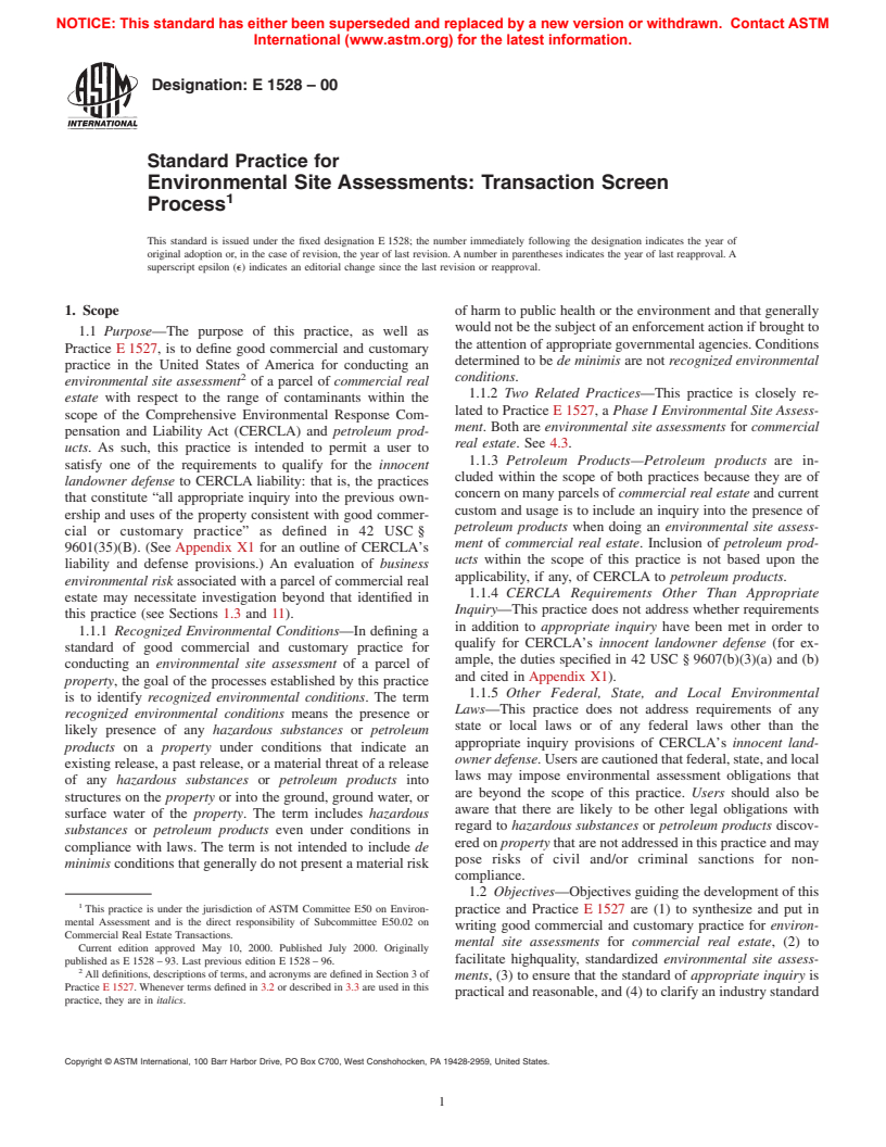 ASTM E1528-00 - Standard Practice for Environmental Site Assessments:  Transaction Screen Process