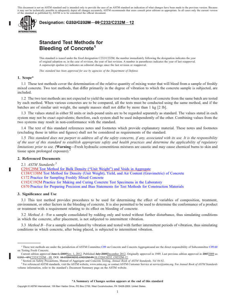 REDLINE ASTM C232/C232M-12 - Standard Test Methods for  Bleeding of Concrete