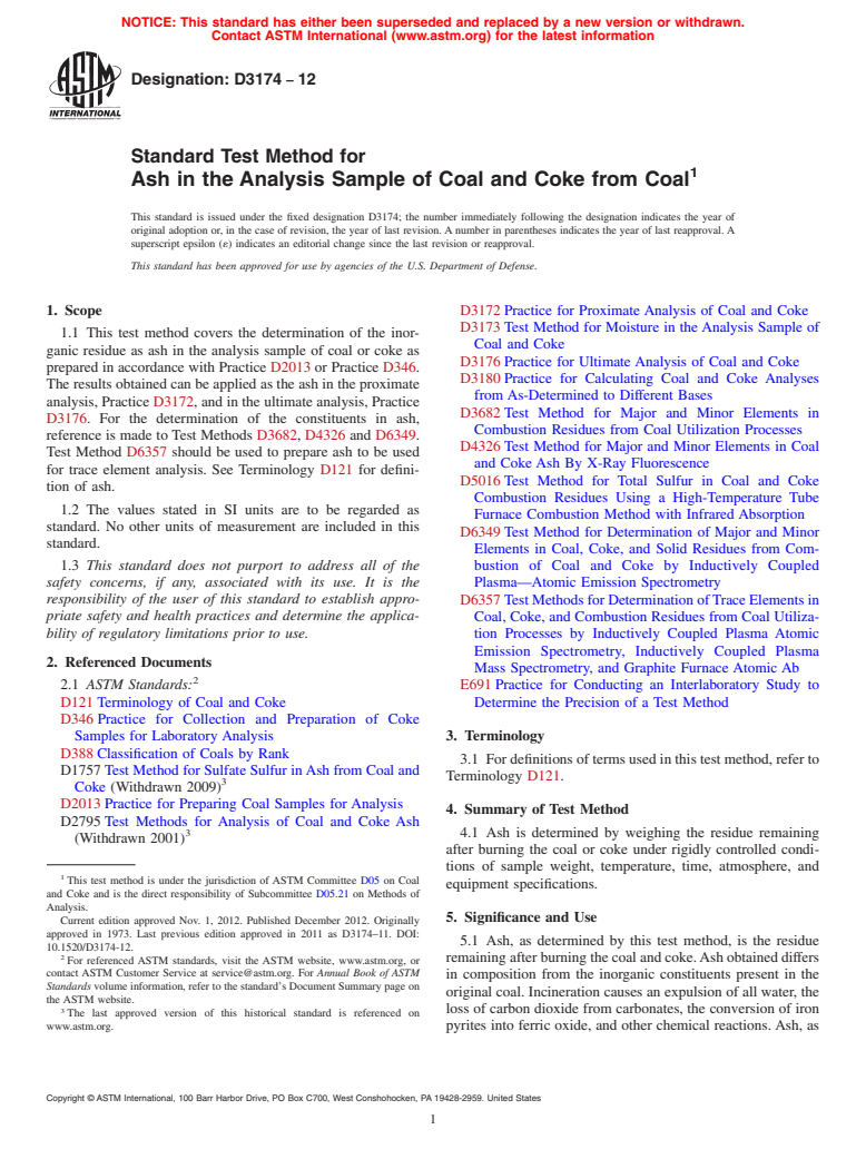 ASTM D3174-12 - Standard Test Method for  Ash in the Analysis Sample of Coal and Coke from Coal