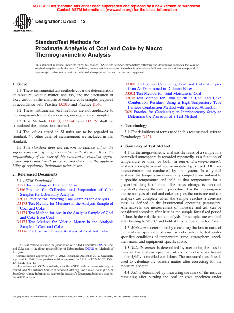 ASTM D7582-12 - Standard Test Methods for  Proximate Analysis of Coal and Coke by Macro Thermogravimetric  Analysis