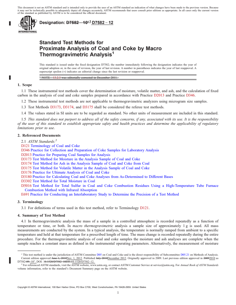 REDLINE ASTM D7582-12 - Standard Test Methods for  Proximate Analysis of Coal and Coke by Macro Thermogravimetric  Analysis