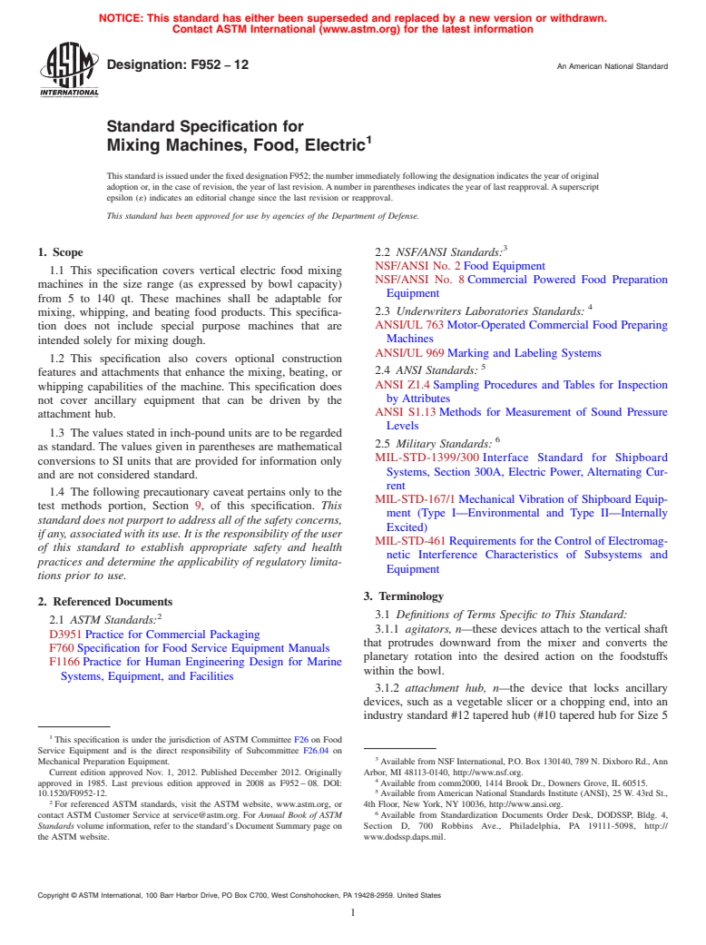 ASTM F952-12 - Standard Specification for  Mixing Machines, Food, Electric