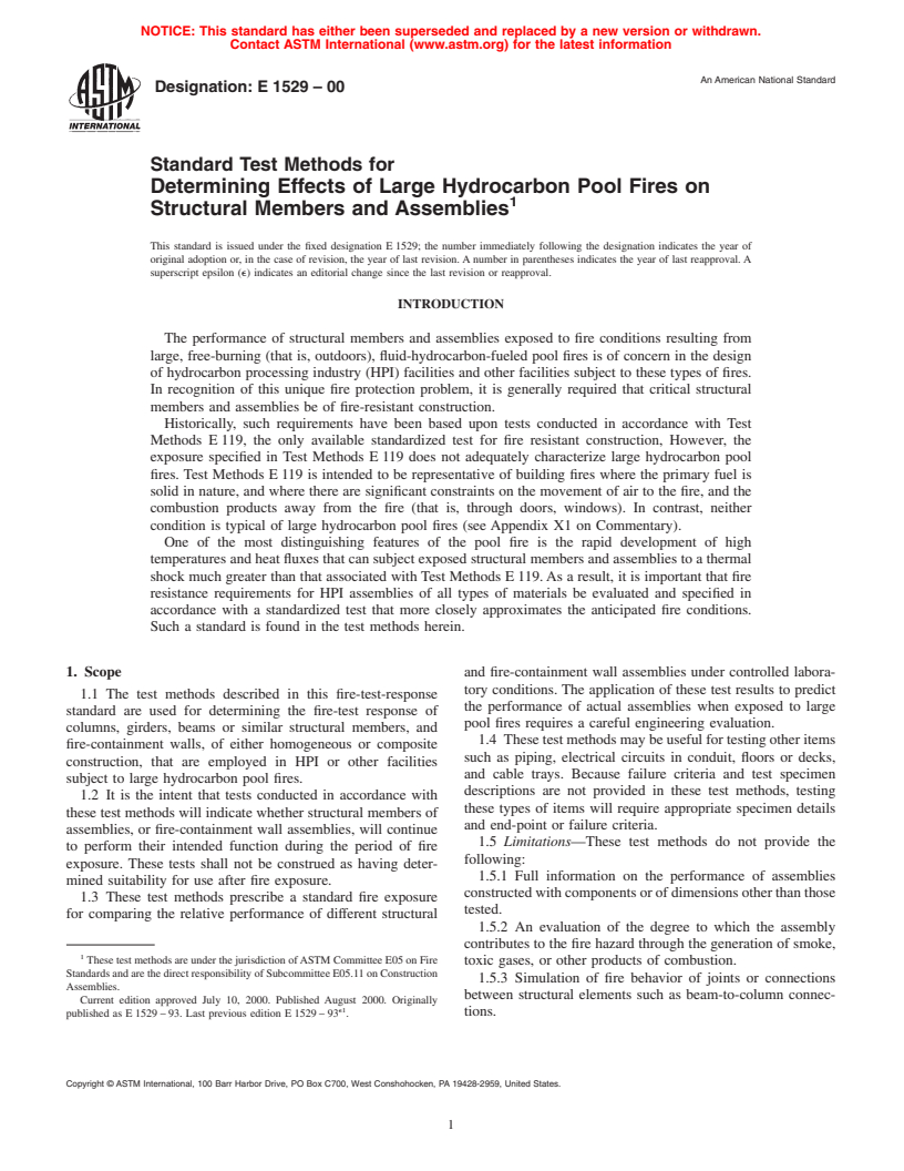 ASTM E1529-00 - Standard Test Methods for Determining Effects of Large Hydrocarbon Pool Fires on Structural Members and Assemblies