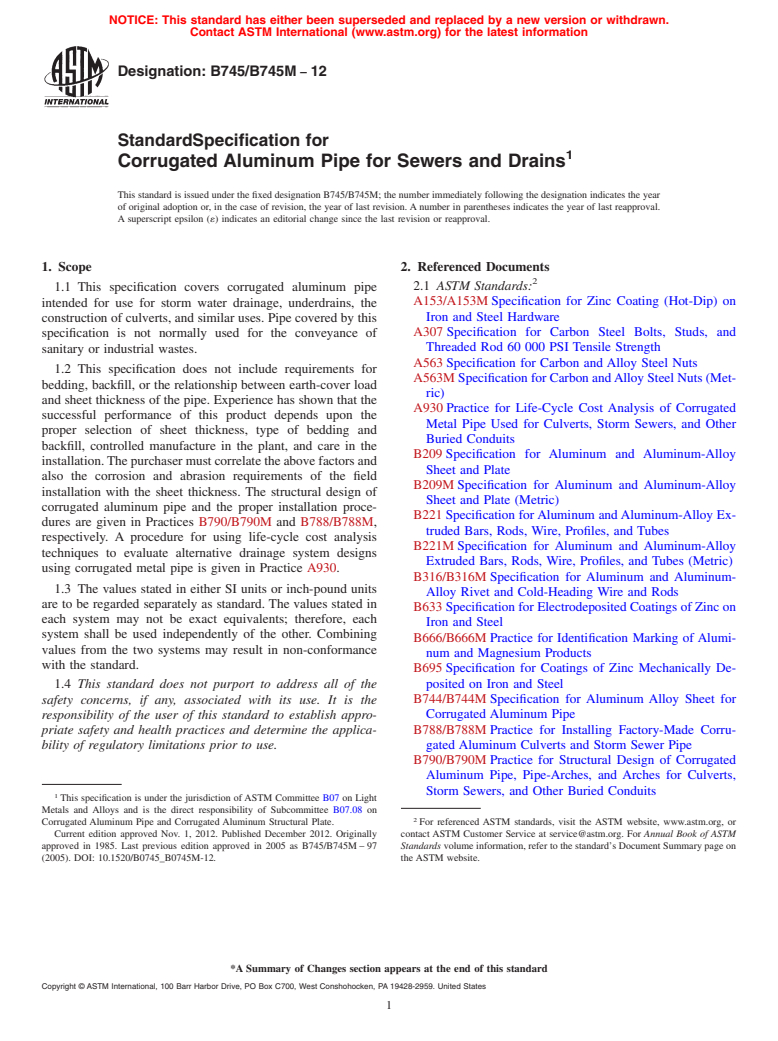 ASTM B745/B745M-12 - Standard Specification for  Corrugated Aluminum Pipe for Sewers and Drains