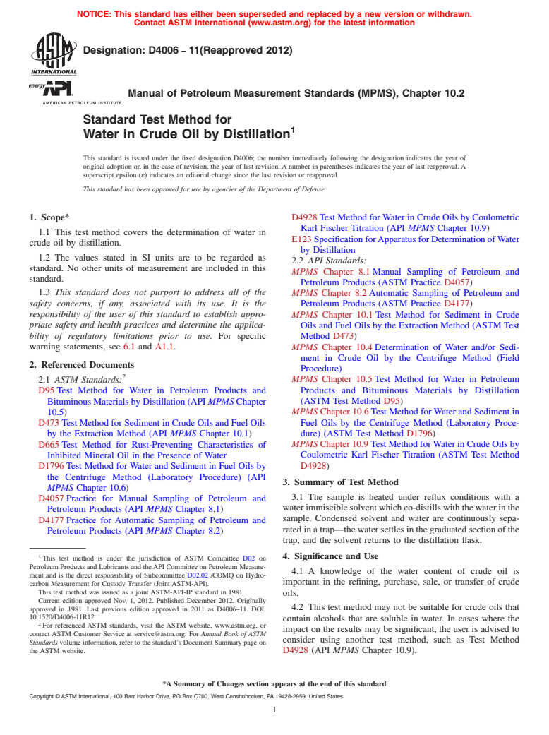 ASTM D4006-11(2012) - Standard Test Method for Water in Crude Oil by Distillation