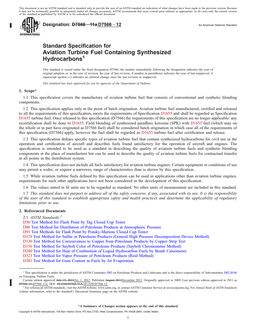 REDLINE ASTM D7566-12 - Standard Specification for Aviation Turbine Fuel Containing Synthesized Hydrocarbons