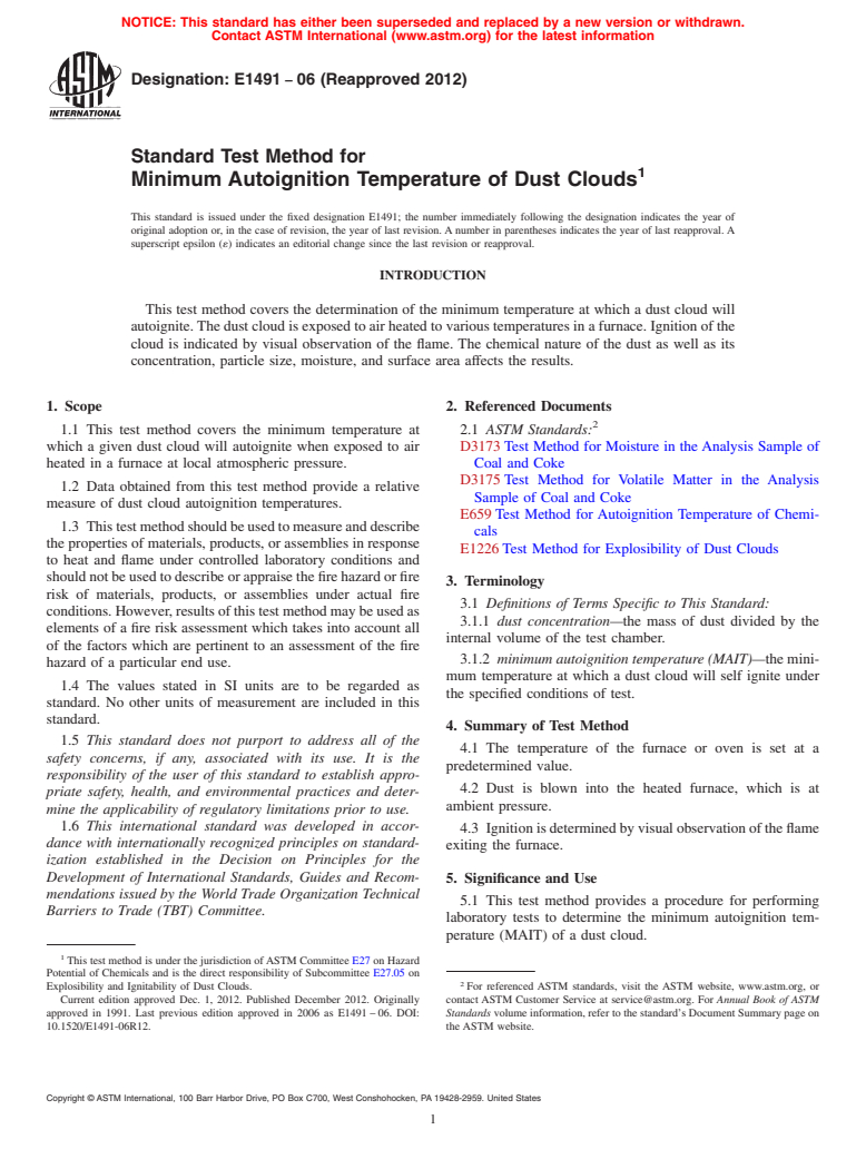 ASTM E1491-06(2012) - Standard Test Method for  Minimum Autoignition Temperature of Dust Clouds