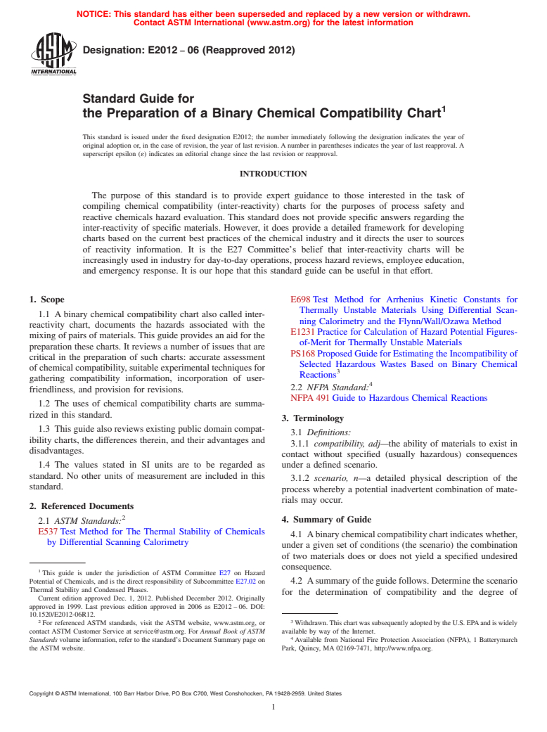 ASTM E2012-06(2012) - Standard Guide for  the Preparation of a Binary Chemical Compatibility Chart