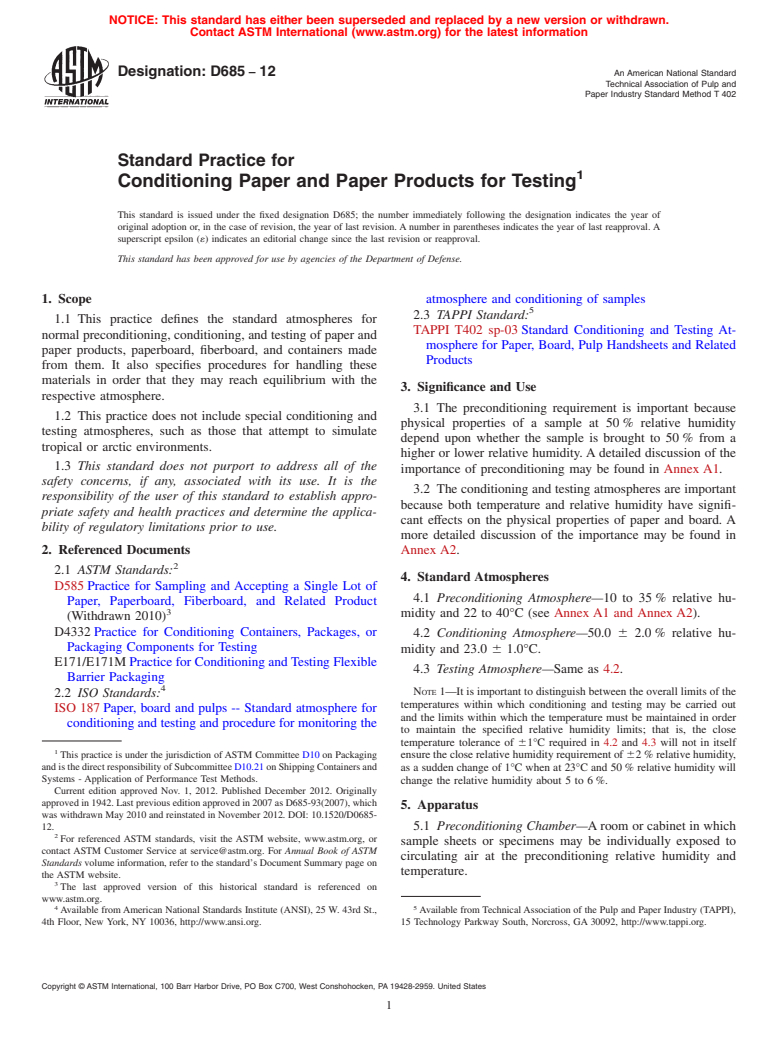 ASTM D685-12 - Standard Practice for Conditioning Paper and Paper Products for Testing