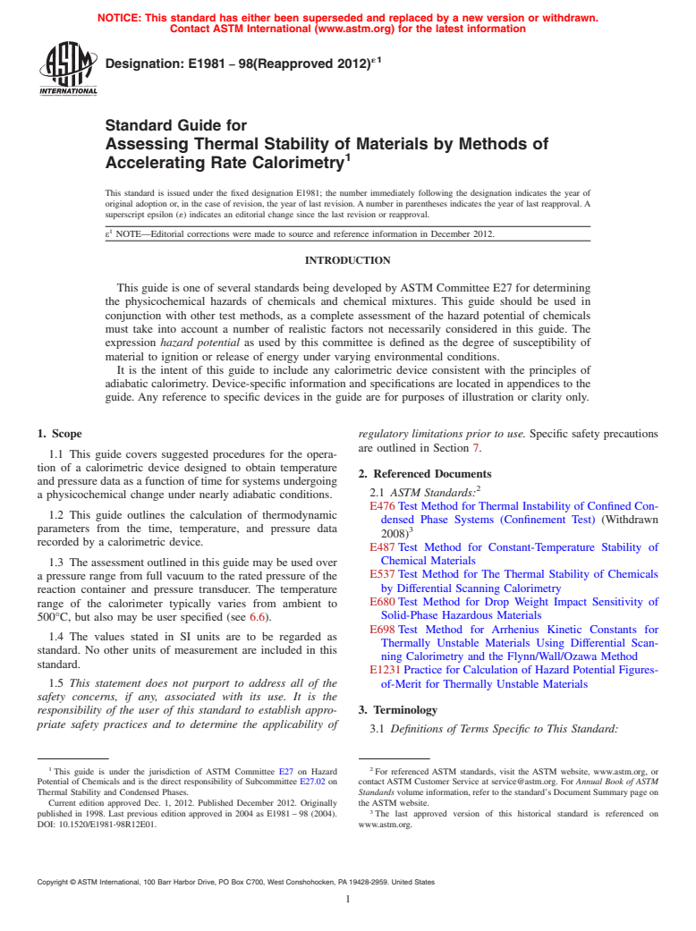 ASTM E1981-98(2012)e1 - Standard Guide for Assessing Thermal Stability of Materials by Methods of Accelerating  Rate Calorimetry