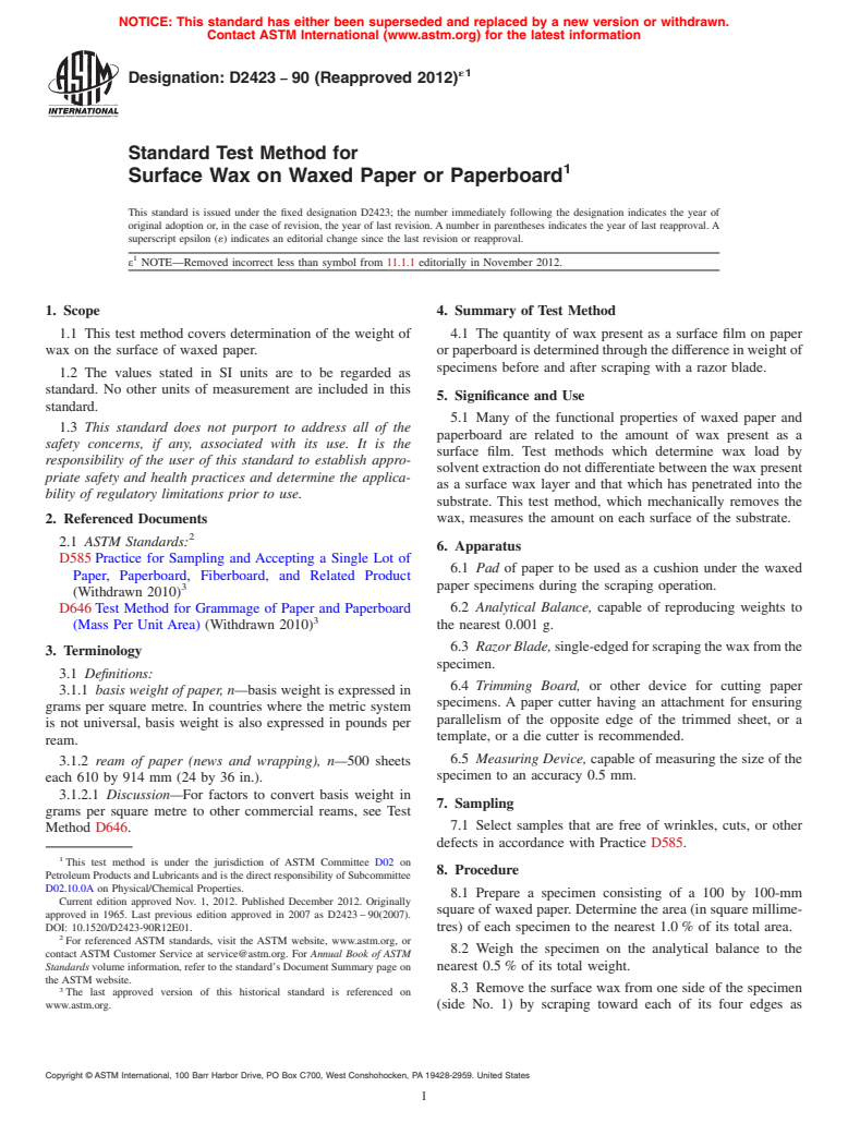 ASTM D2423-90(2012)e1 - Standard Test Method for Surface Wax on Waxed Paper or Paperboard