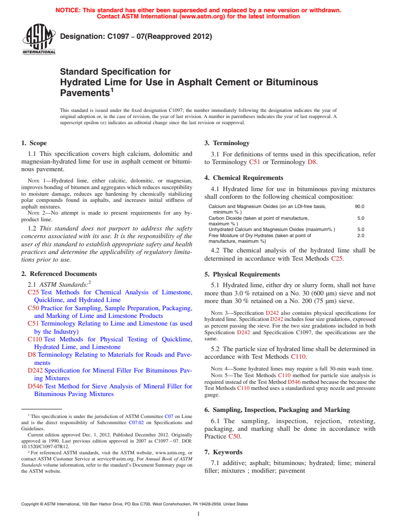 ASTM C1097-07(2012) - Standard Specification for Hydrated Lime for Use in Asphalt Cement or Bituminous Pavements