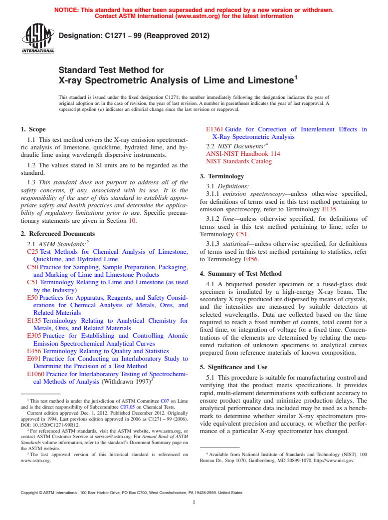 ASTM C1271-99(2012) - Standard Test Method for  X-ray Spectrometric Analysis of Lime and Limestone