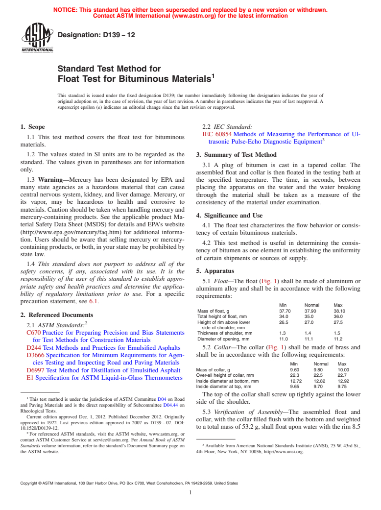 ASTM D139-12 - Standard Test Method for  Float Test for Bituminous Materials