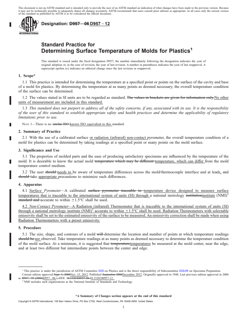 REDLINE ASTM D957-12 - Standard Practice for  Determining Surface Temperature of Molds for Plastics