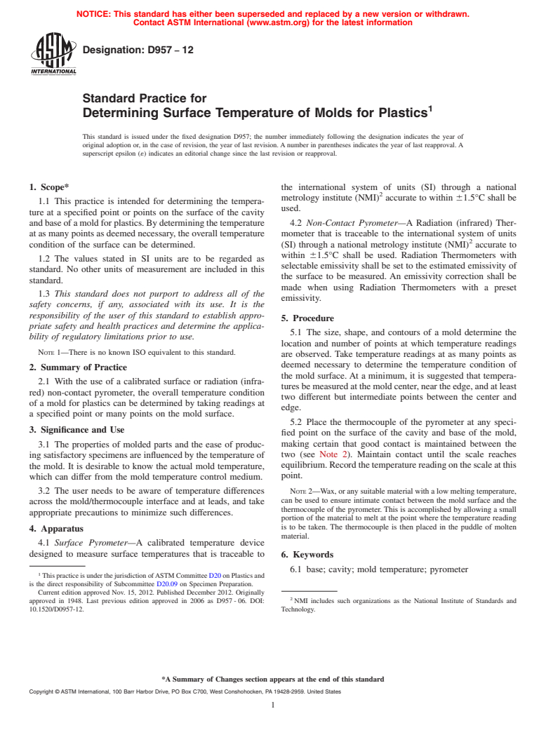 ASTM D957-12 - Standard Practice for  Determining Surface Temperature of Molds for Plastics