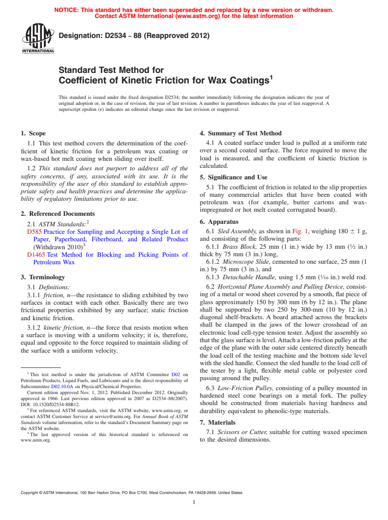 ASTM D2534-88(2012) - Standard Test Method for Coefficient of Kinetic Friction for Wax Coatings