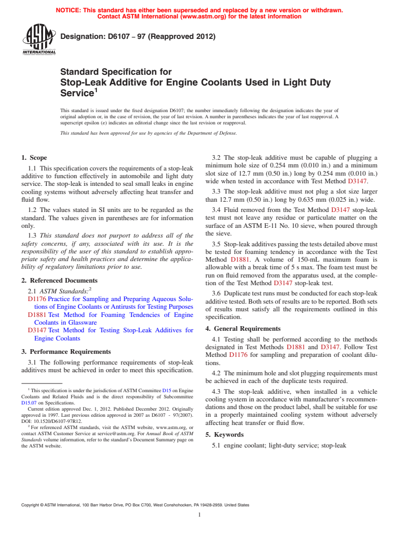 ASTM D6107-97(2012) - Standard Specification for  Stop-Leak Additive for Engine Coolants Used in Light Duty Service