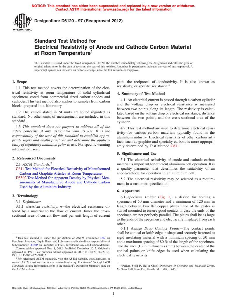 ASTM D6120-97(2012) - Standard Test Method for Electrical Resistivity of Anode and Cathode Carbon Material  at Room Temperature