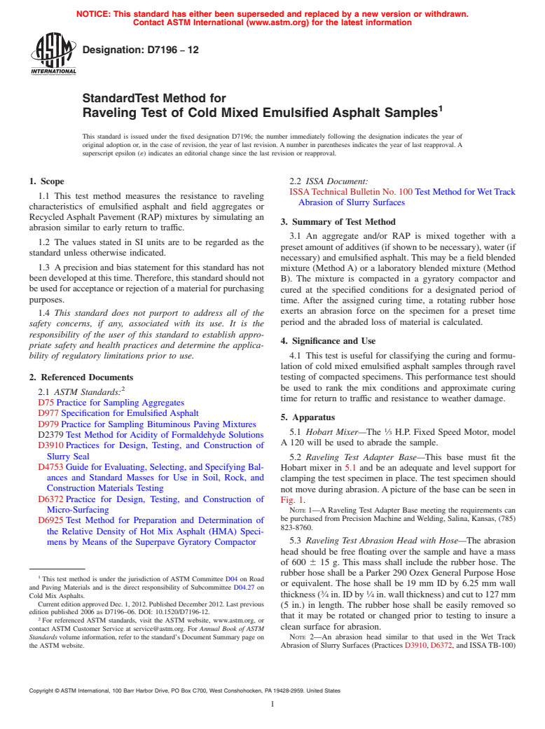 ASTM D7196-12 - Standard Test Method for  Raveling Test of Cold Mixed Emulsified Asphalt Samples