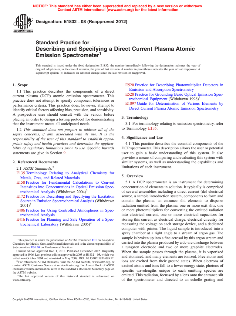 ASTM E1832-08(2012) - Standard Practice for  Describing and Specifying a Direct Current Plasma Atomic Emission  Spectrometer