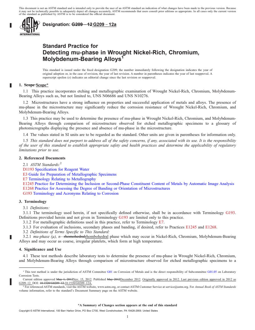 REDLINE ASTM G209-12a - Standard Practice for Detecting mu-phase in Wrought Nickel-Rich, Chromium, Molybdenum-Bearing  Alloys