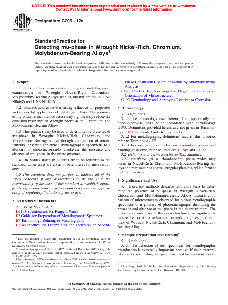 ASTM G209-12a - Standard Practice for Detecting mu-phase in Wrought Nickel-Rich, Chromium, Molybdenum-Bearing  Alloys