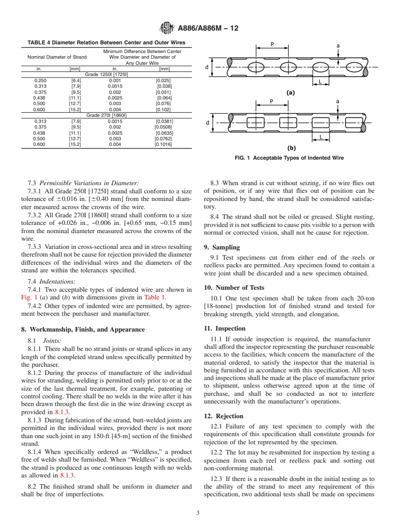 ASTM A886/A886M-12 - Standard Specification for Steel Strand, Indented, Seven-Wire Stress-Relieved for Prestressed Concrete