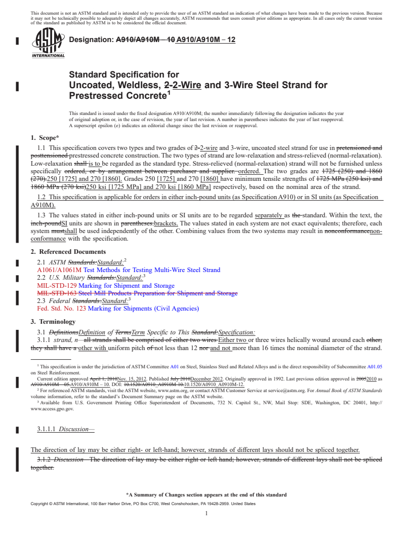 REDLINE ASTM A910/A910M-12 - Standard Specification for Uncoated, Weldless, 2-Wire and 3-Wire Steel Strand for Prestressed Concrete