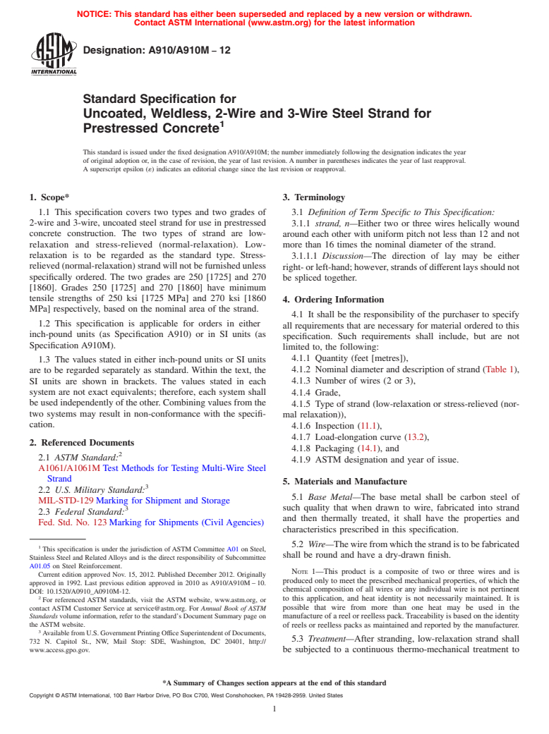 ASTM A910/A910M-12 - Standard Specification for Uncoated, Weldless, 2-Wire and 3-Wire Steel Strand for Prestressed Concrete