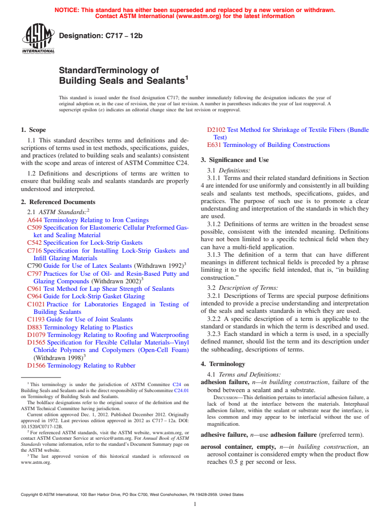 ASTM C717-12b - Standard Terminology of  Building Seals and Sealants