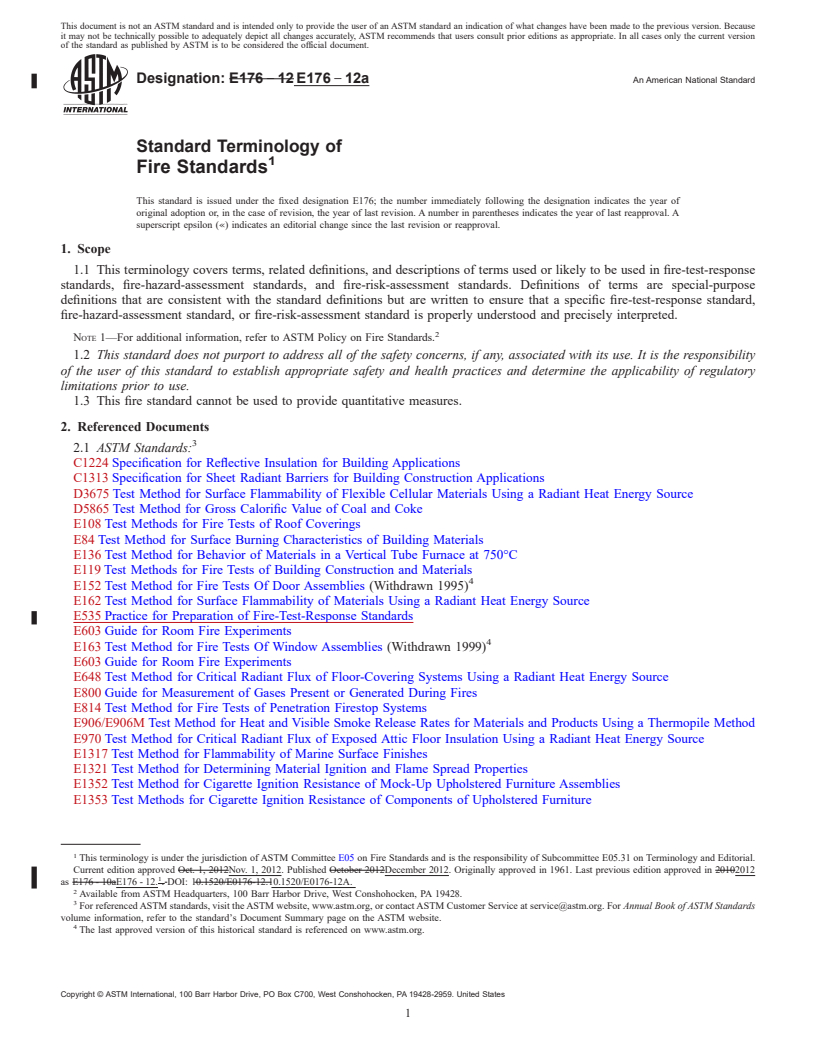 REDLINE ASTM E176-12a - Standard Terminology of  Fire Standards