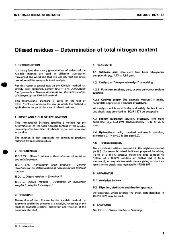 ISO 3099:1974 - Oilseed residues -- Determination of total nitrogen content