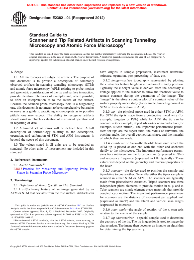 ASTM E2382-04(2012) - Standard Guide to  Scanner and Tip Related Artifacts in Scanning Tunneling Microscopy  and Atomic Force Microscopy