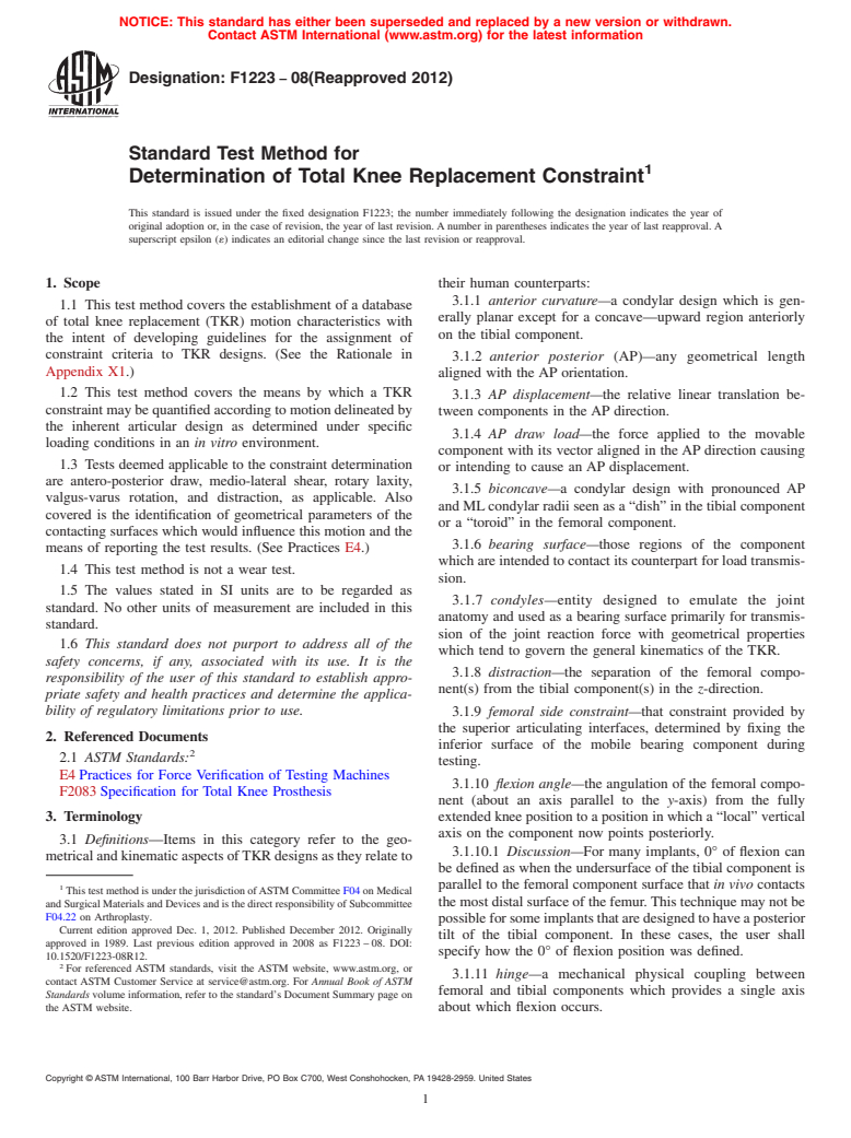 ASTM F1223-08(2012) - Standard Test Method for  Determination of Total Knee Replacement Constraint