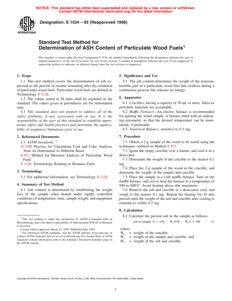 ASTM E1534-93(1998) - Standard Test Method for Determination of ASH Content of Particulate Wood Fuels