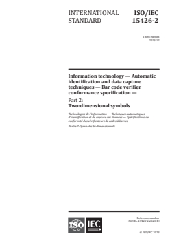 ISO/IEC 15426-2:2023 - Information technology — Automatic identification and data capture techniques — Bar code verifier conformance specification — Part 2: Two-dimensional symbols
Released:13. 12. 2023 - Page 1 preview