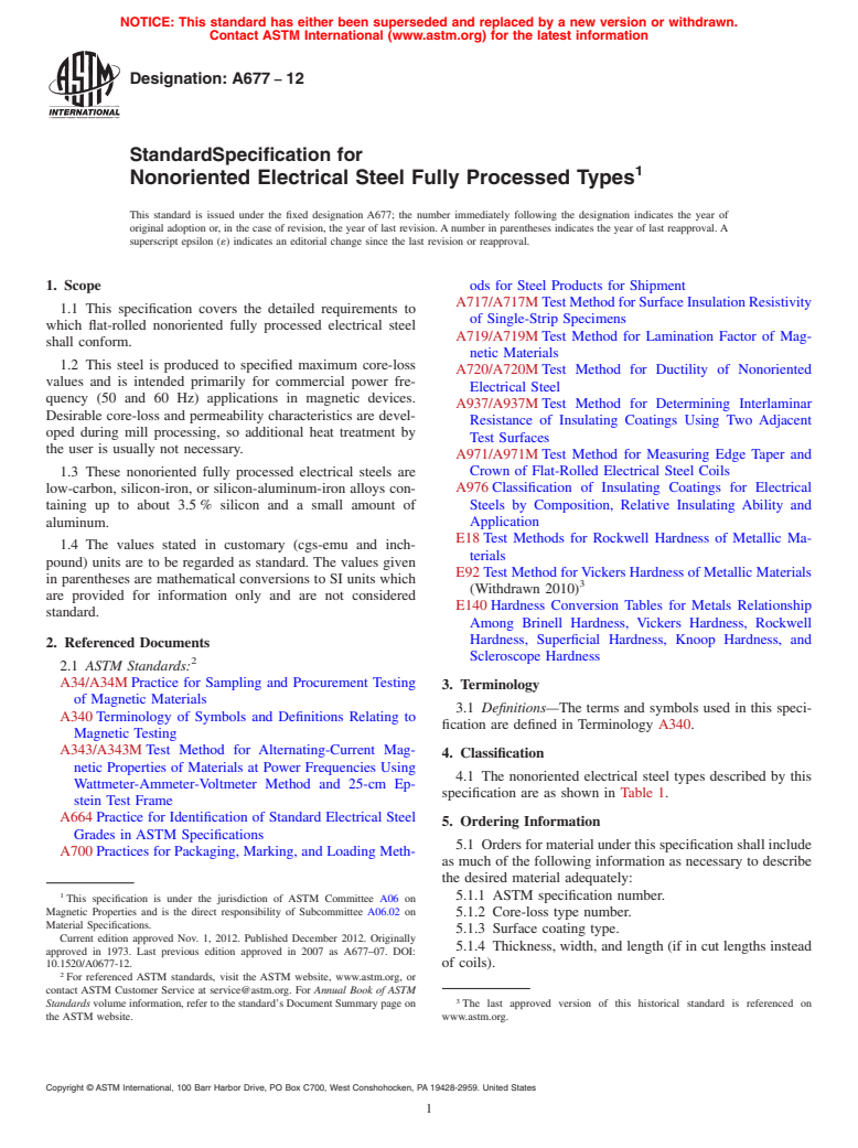 ASTM A677-12 - Standard Specification for Nonoriented Electrical Steel Fully Processed Types