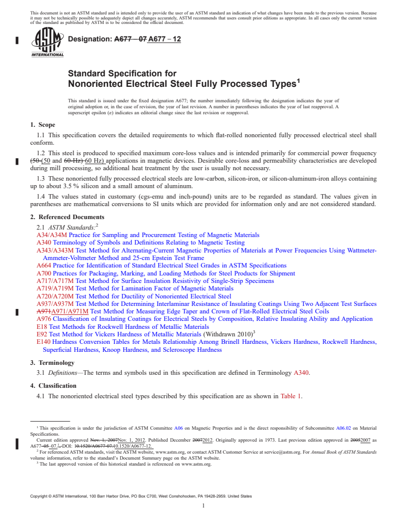 REDLINE ASTM A677-12 - Standard Specification for Nonoriented Electrical Steel Fully Processed Types