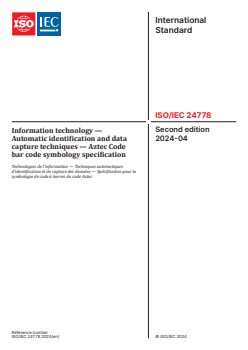 ISO/IEC 24778:2024 ISO/IEC 24778:2024 - Information technology — Automatic identification and data capture techniques — Aztec Code bar code symbology specification
Released:9. 04. 2024 - Page 1 preview