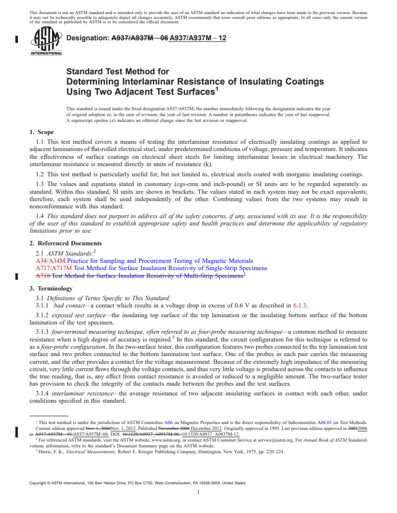 REDLINE ASTM A937/A937M-12 - Standard Test Method for Determining Interlaminar Resistance of Insulating Coatings   Using Two Adjacent Test Surfaces