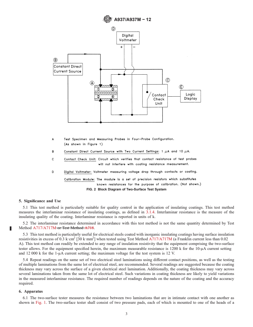 REDLINE ASTM A937/A937M-12 - Standard Test Method for Determining Interlaminar Resistance of Insulating Coatings   Using Two Adjacent Test Surfaces