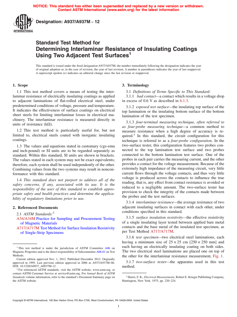 ASTM A937/A937M-12 - Standard Test Method for Determining Interlaminar Resistance of Insulating Coatings   Using Two Adjacent Test Surfaces