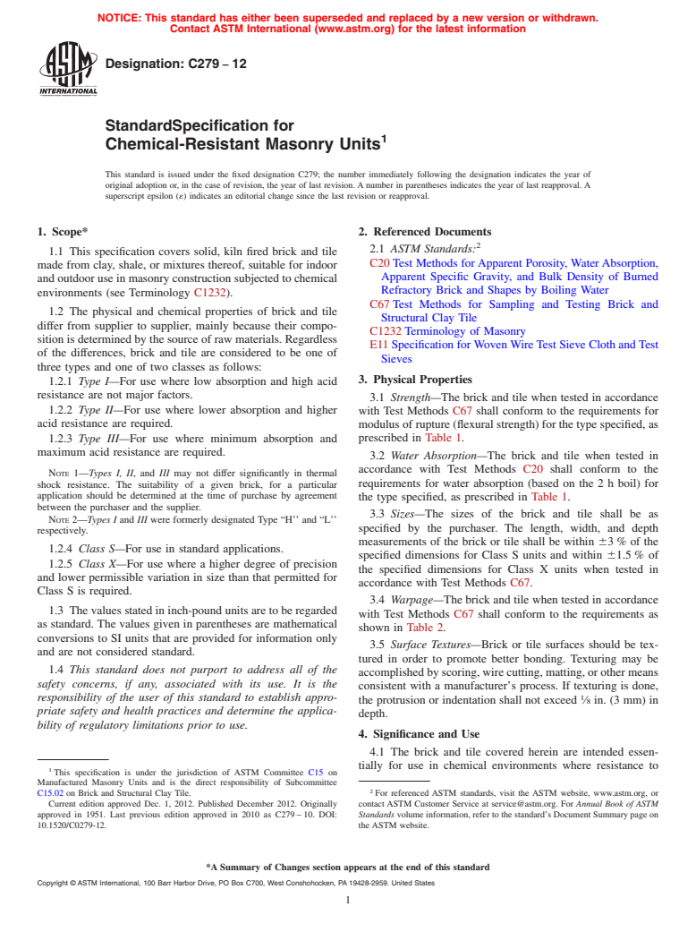 ASTM C279-12 - Standard Specification for  Chemical-Resistant Masonry Units