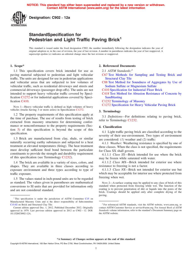 ASTM C902-12a - Standard Specification for Pedestrian and Light Traffic Paving Brick