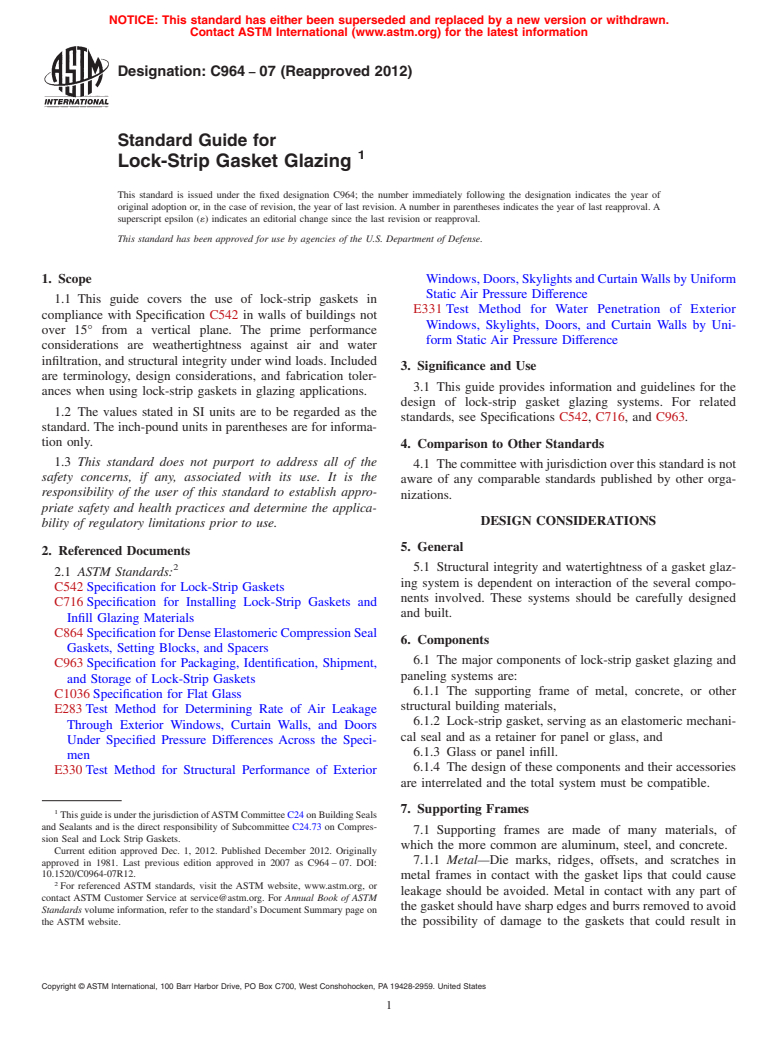 ASTM C964-07(2012) - Standard Guide for  Lock-Strip Gasket Glazing