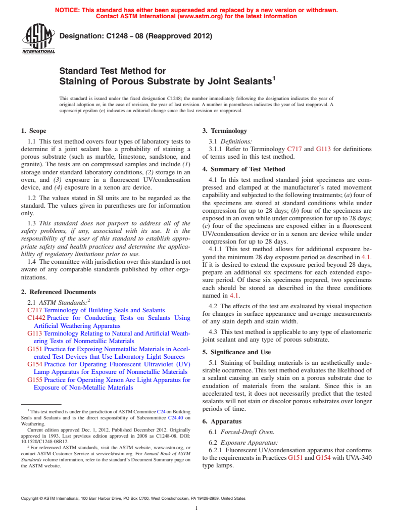 ASTM C1248-08(2012) - Standard Test Method for  Staining of Porous Substrate by Joint Sealants