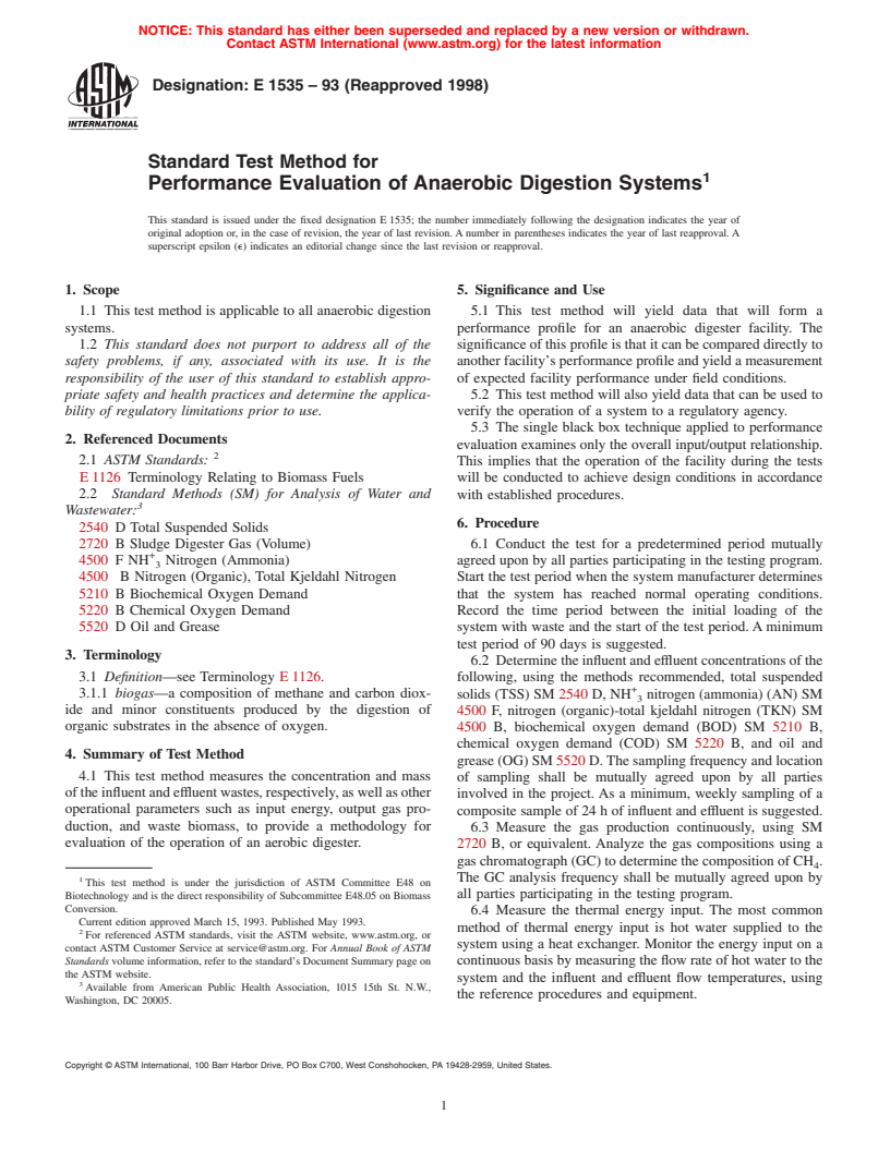 ASTM E1535-93(1998) - Standard Test Method for Performance Evaluation of Anaerobic Digestion Systems
