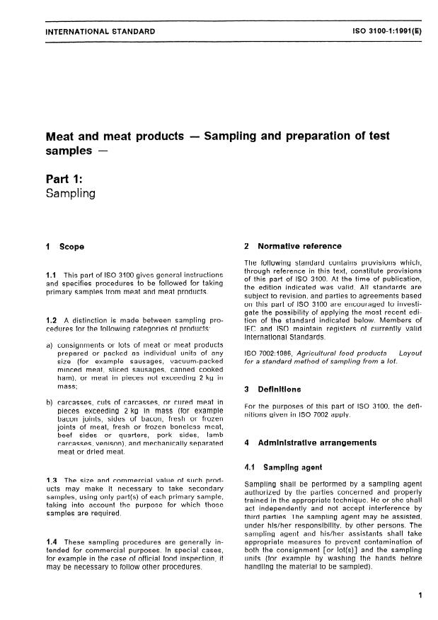ISO 3100-1:1991 - Meat and meat products -- Sampling and preparation of test samples