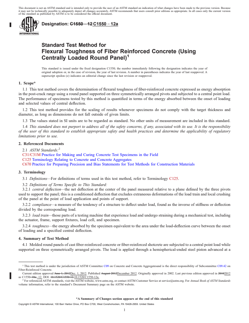 REDLINE ASTM C1550-12a - Standard Test Method for  Flexural Toughness of Fiber Reinforced Concrete (Using Centrally  Loaded Round Panel)